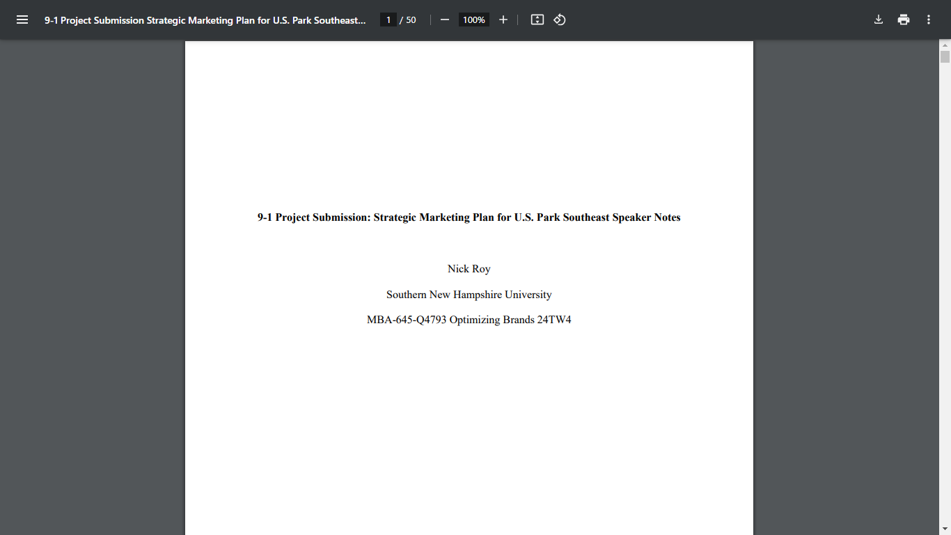 MBA 645 9-1 Project Submission: Strategic Marketing Plan for U.S. Park Southeast  