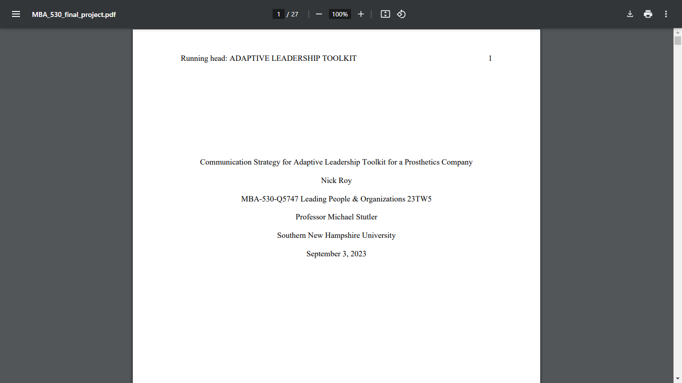 MBA 530 Communication Strategy for Adaptive Leadership Toolkit for a Prosthetics Company